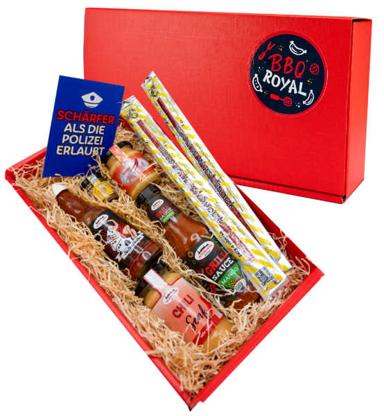 Scharfe Sache Geschenkset mit Senf, Sauce, Wurst und Meerrettich mit rotem Geschenkkarton mit BBQ Royal Sticker